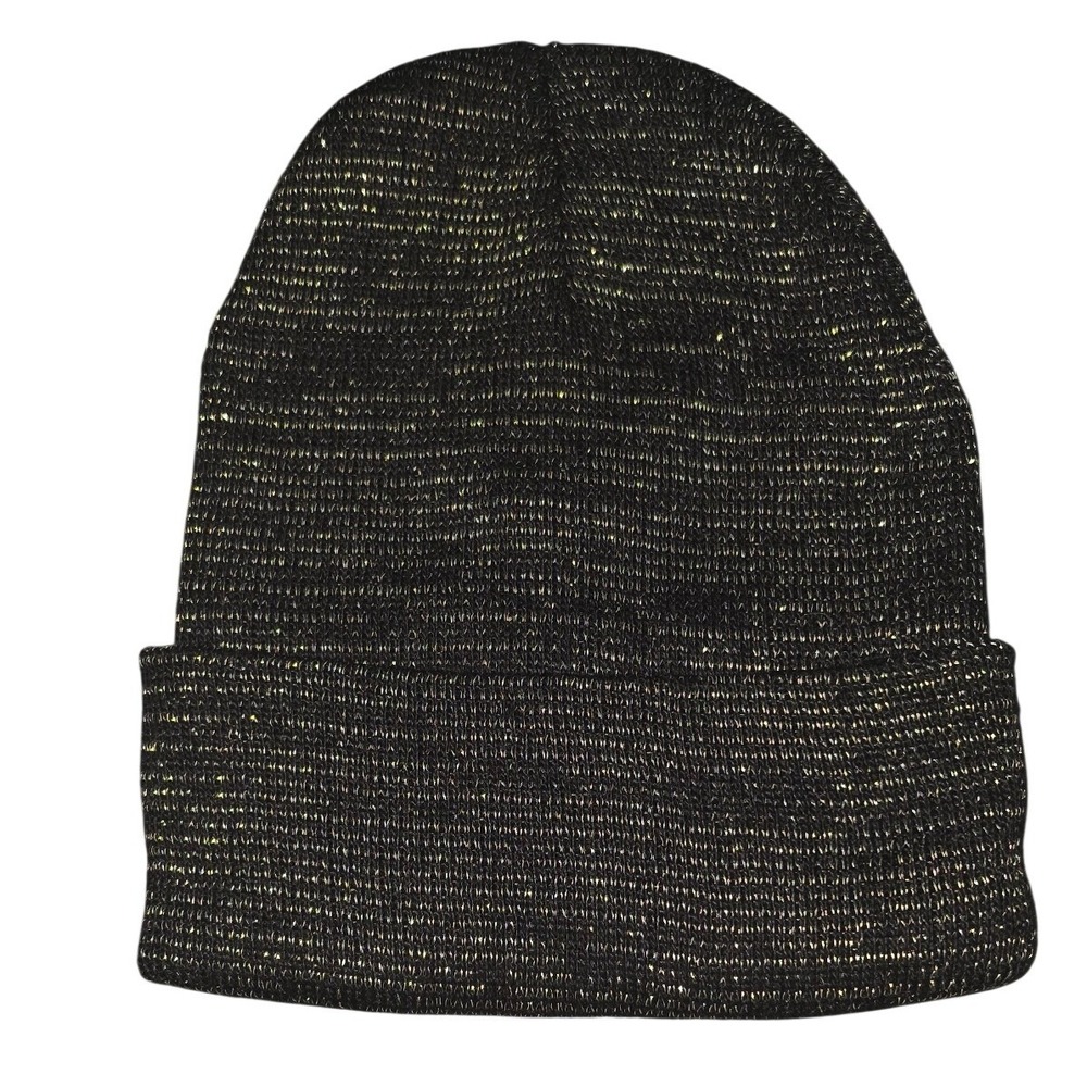 Womens Black Gold Metallic Knit Beanie Cuffed Winter Hat Sparkle Shimmer